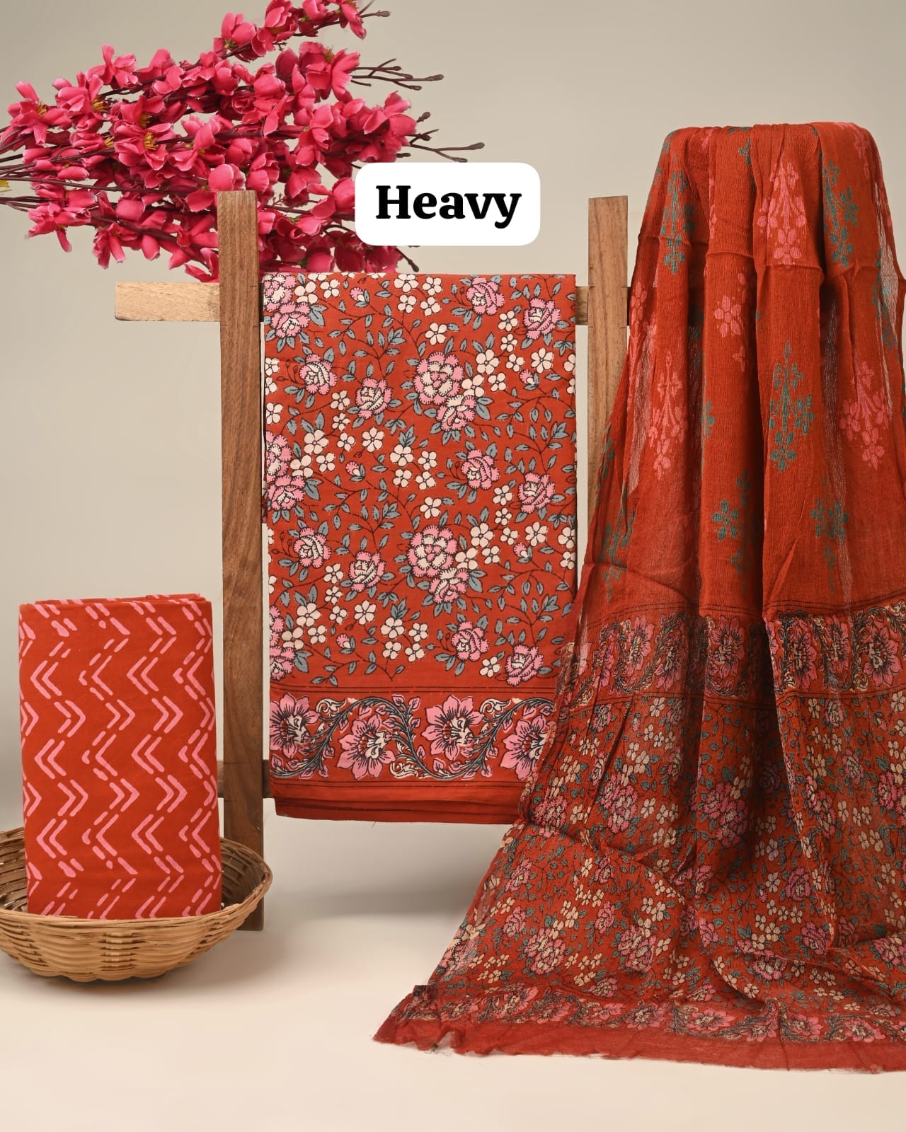 Rust butta jaal cotton dress material with chiffon dupatta wholesale, artisan handblock printed cotton suit material by Fabtexs26